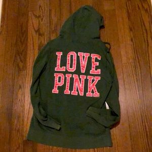 Victoria’s Secret PINK zip up hoodie hunter green with Hot pink lettering size M